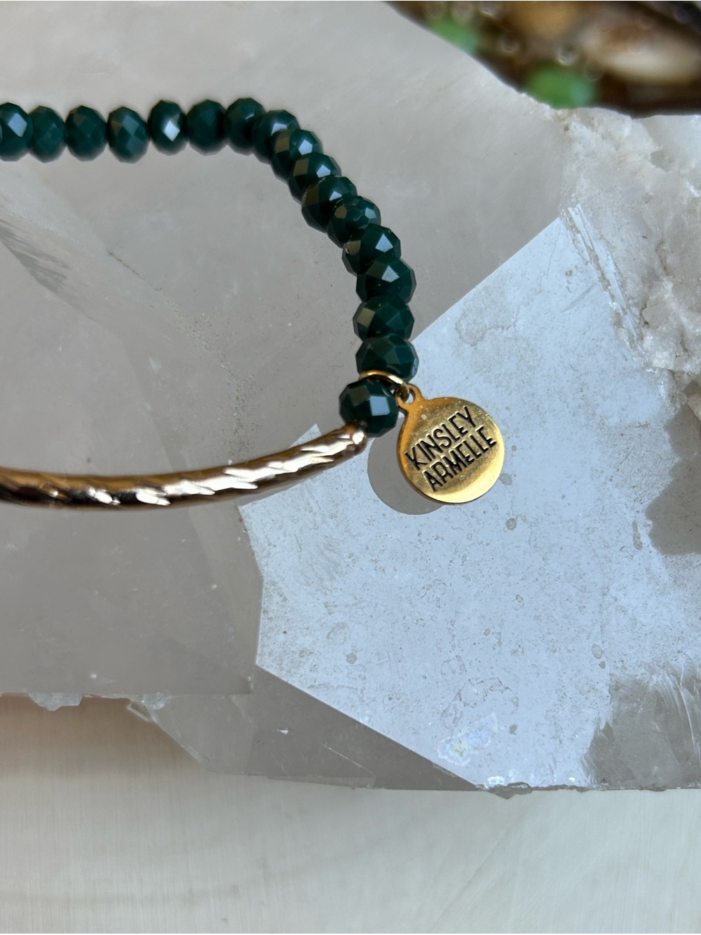 Kinsley Armelle Emerald Faceted Bead Bracelet w/Gold Hammered Bead Tube & Charm